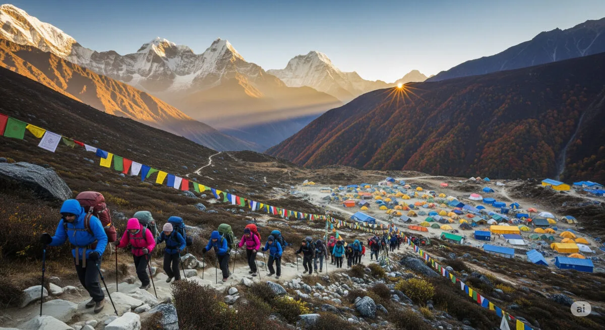 Trekkers ascending snowy slopes showing how long to climb Mount Everest during peak season.