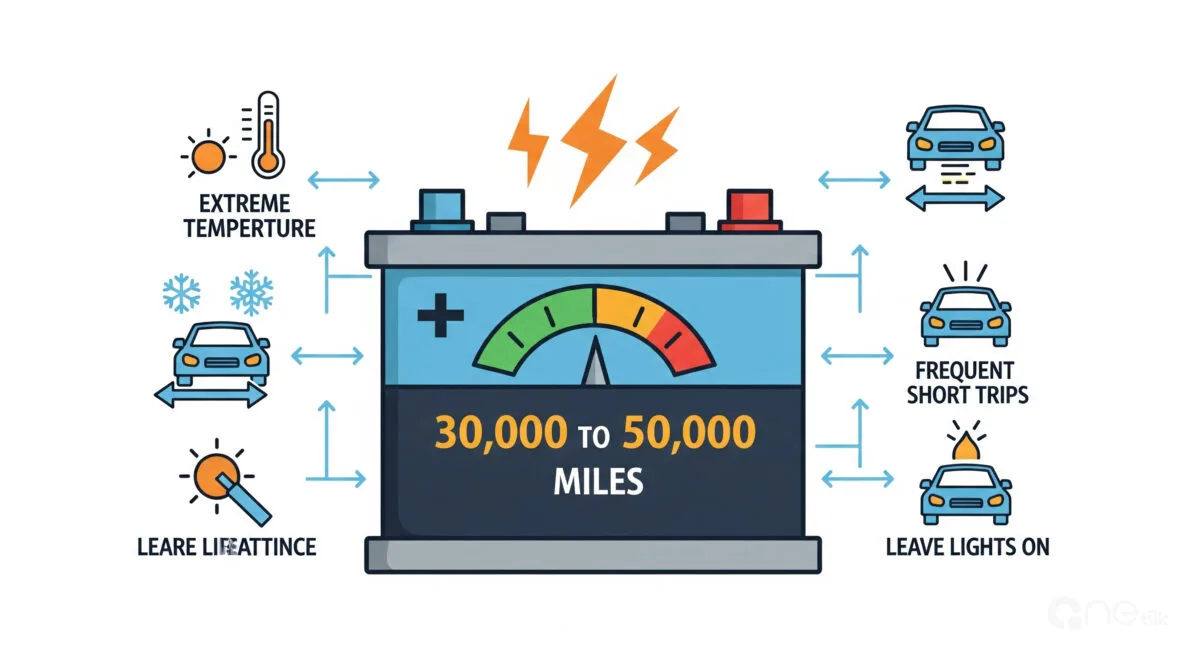 Infographic showing how long car batteries last in miles, average 30,000 to 50,000 – Car battery lifespan, car battery life span, car battery lifetime, car battery life expectancy, typical car battery life. How Long Do Car Batteries Last?
