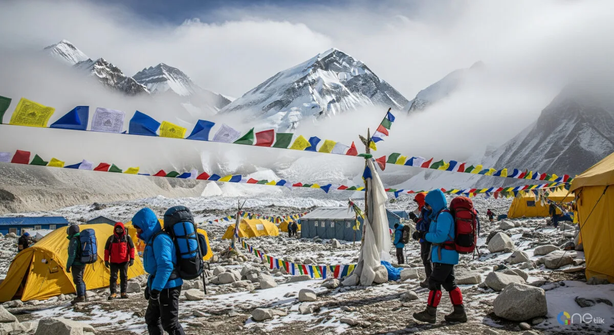 Mountaineer reaching Everest summit illustrating how long does it take to summit Everest in spring