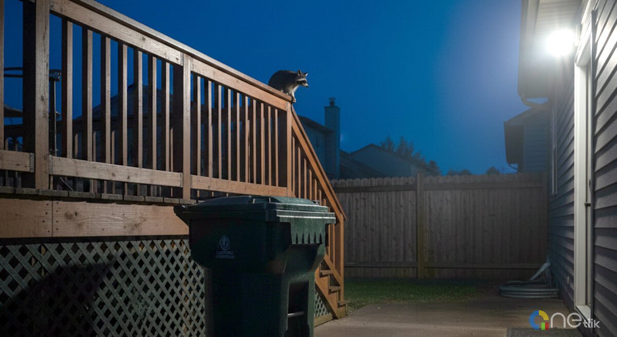 How To Get Rid Of Raccoons - In Your Yard, Attic, Under The House Fast, Backyard At Night. 1 How to Get Rid of Raccoons - in Your Yard, Attic, Under the House Fast, Backyard at Night. - Backyard with locking trash can, deck skirt, and chimney cap to deter raccoons at night.
